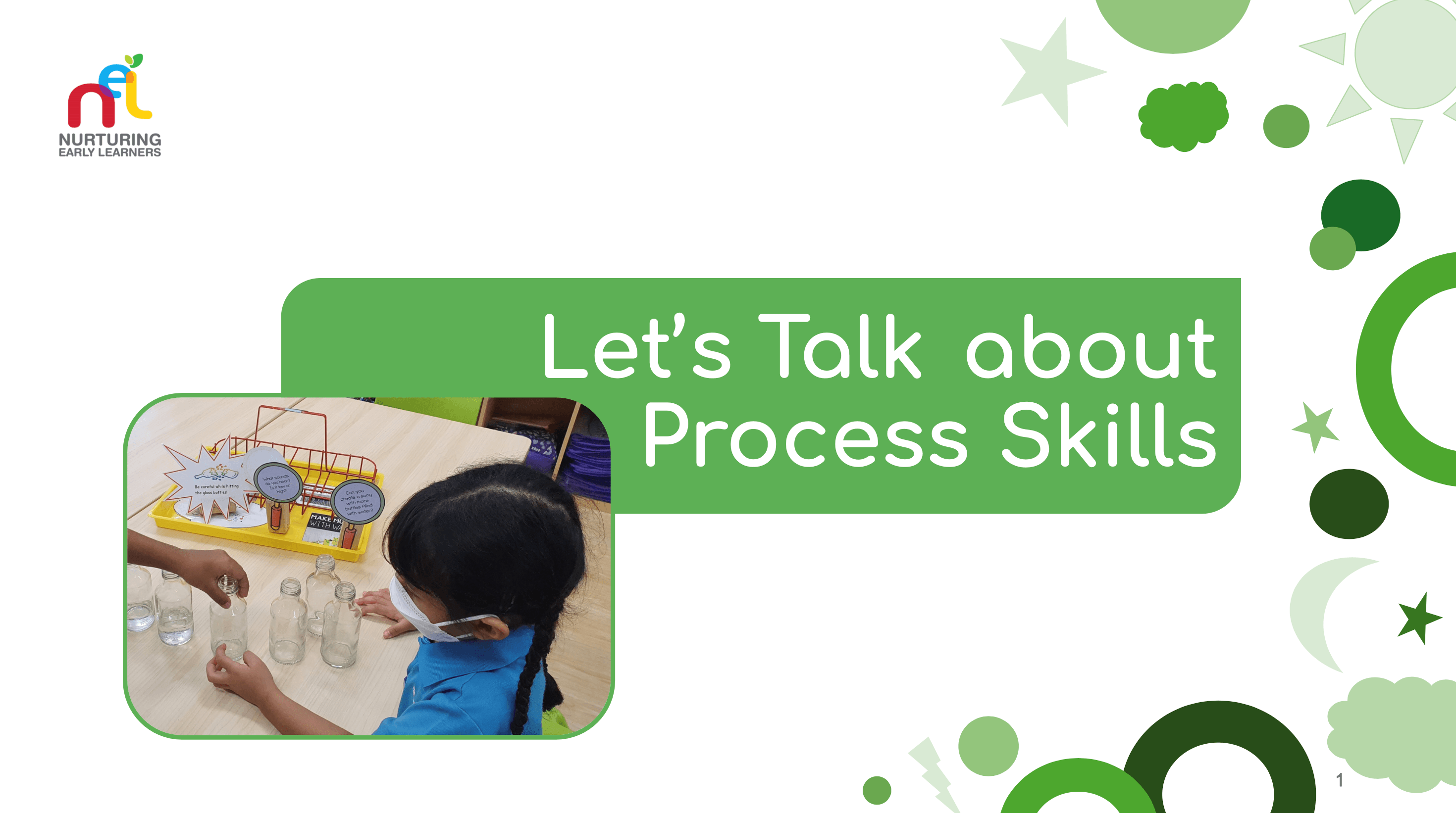 slides on let's talk about process skills with picture of a child arranging glass bottles
